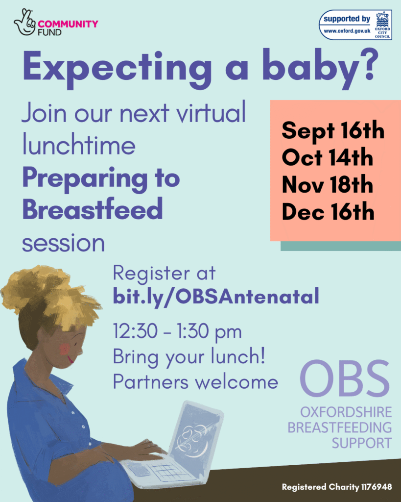 A cartoon pregnant woman sitting at her laptop. Text: Expecting a baby? Join our next virtual lunchtime Preparing to Breastfeed session. September 16th, October 14th, November 18th, December 16th, 12:30 - 1:30 pm. Bring your lunch. Partners welcome.