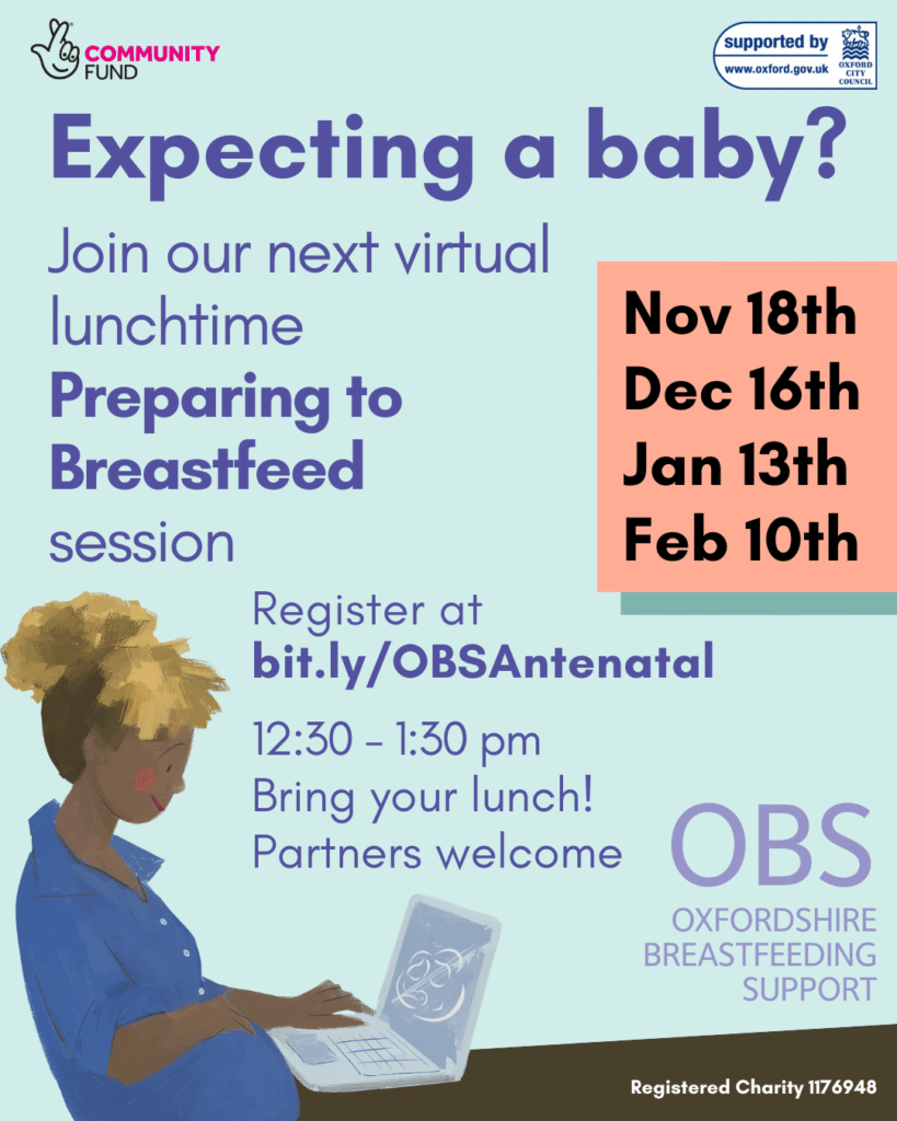 A cartoon pregnant woman sitting at her laptop. Text: Expecting a baby? Join our next virtual lunchtime Preparing to Breastfeed session. November 18th, December 16th, January 13th, February 10th, 12:30 - 1:30 pm. Bring your lunch. Partners welcome.