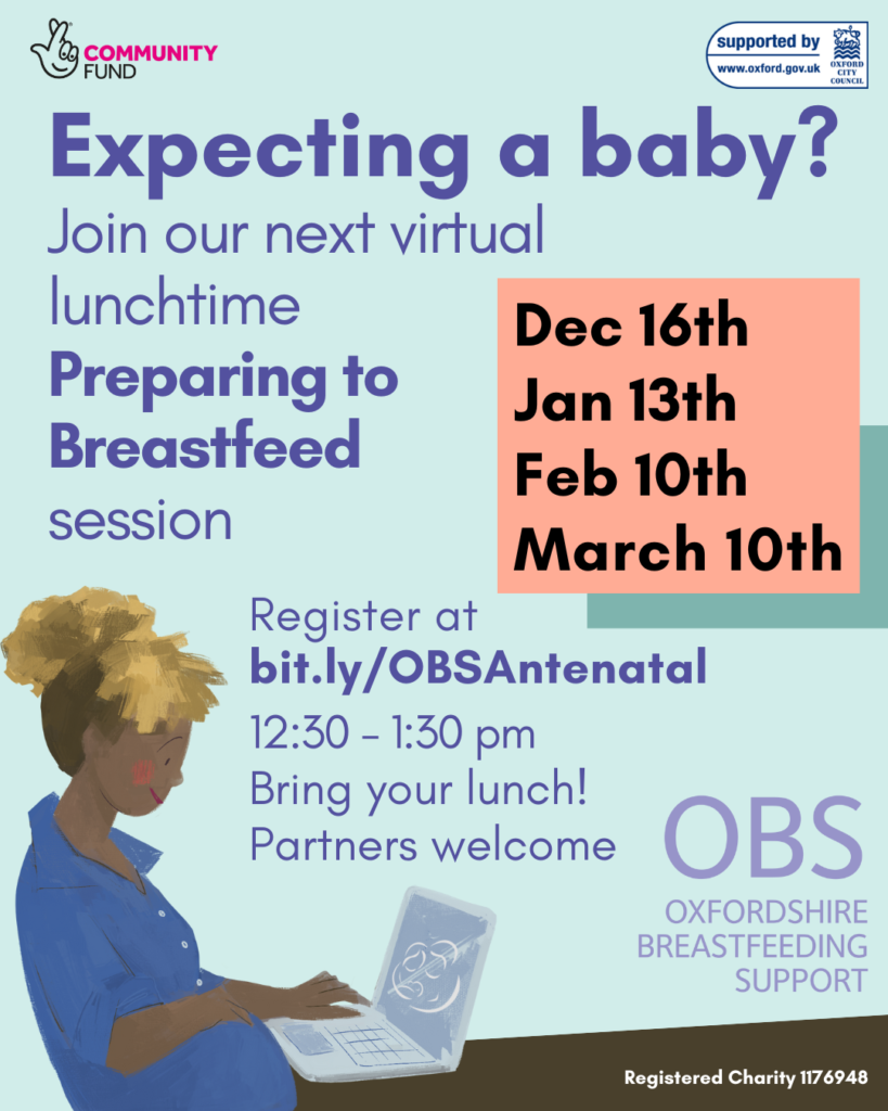 A cartoon pregnant woman sitting at her laptop. Text: Expecting a baby? Join our next virtual lunchtime Preparing to Breastfeed session. December 16th, January 13th, February 10th, March 10th, 12:30 - 1:30 pm. Bring your lunch. Partners welcome.