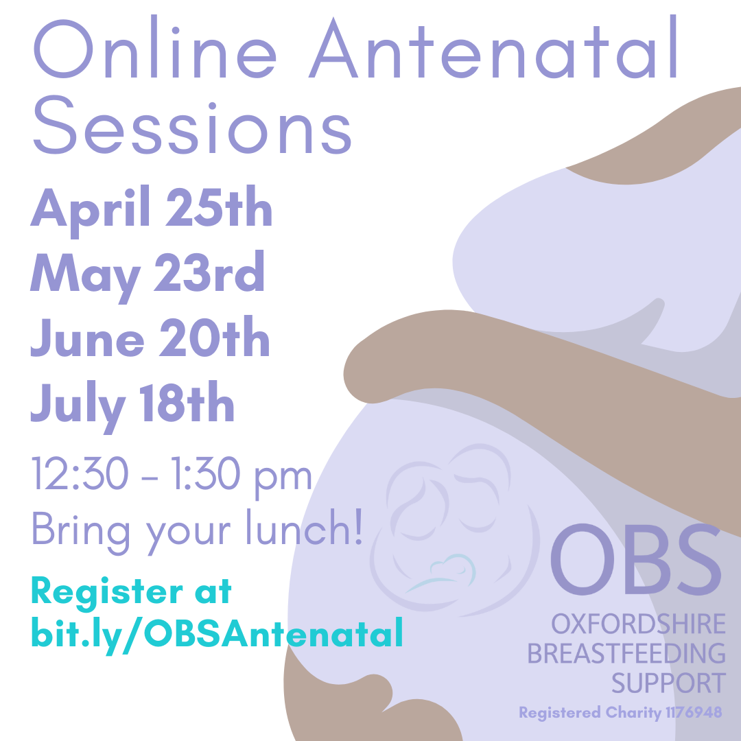 Image: a cartoon pregnant body cradling its belly. Text: Online Antenatal Sessions, April 25th, May 23rd, June 20th, July 18th, 12:30-1:30 pm. Bring your lunch
