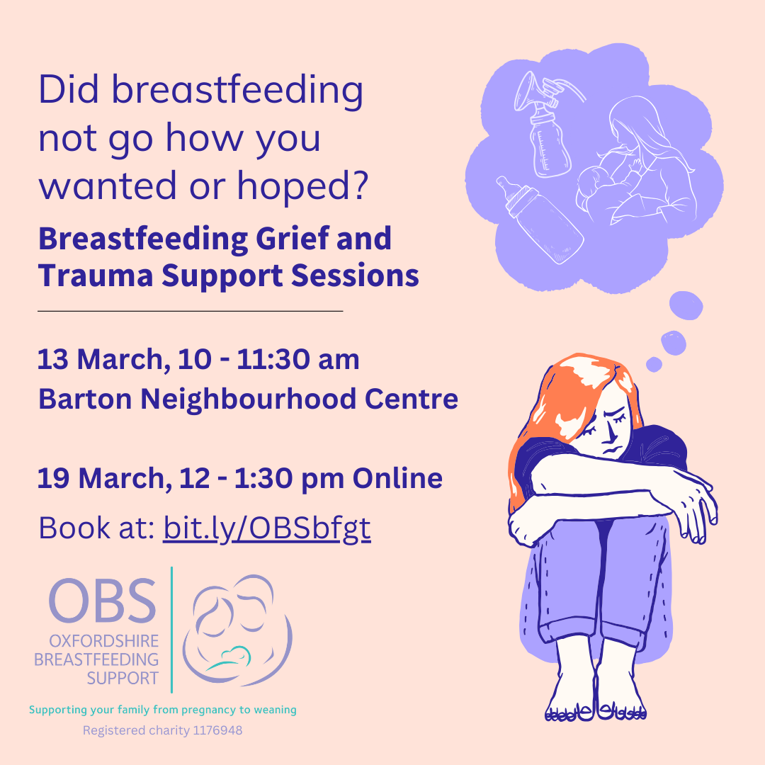 A cartoon woman resting her head and arms sadly on her knees. Text: Did breastfeeding not go how you wanted or hoped? Breastfeeding Grief and Trauma Support Sessions. 13 march, 10-11;30 am, Barton Neighbourhood Centre. 19 March, 12-1:30 pm Online