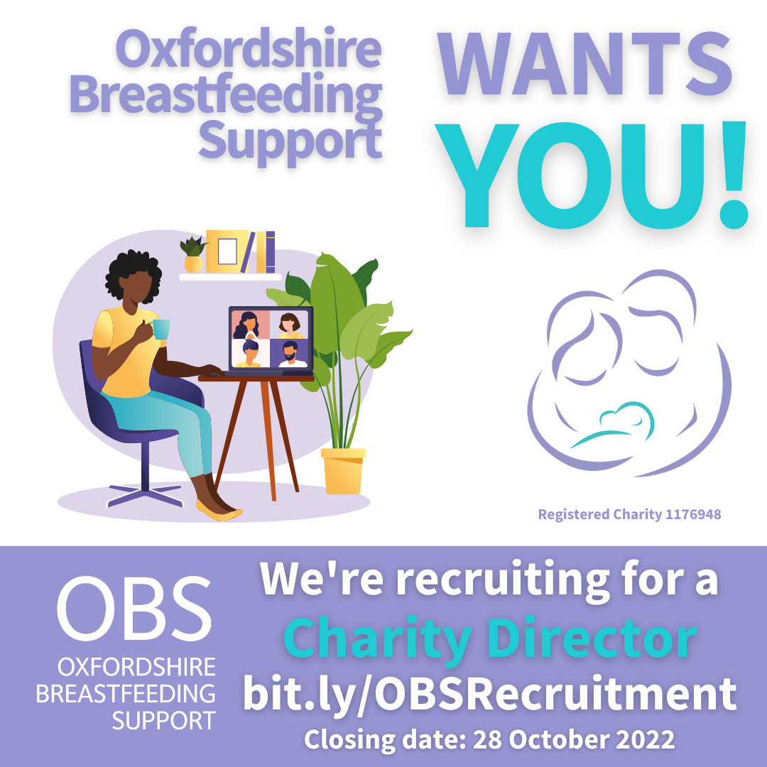 Image: a woman sitting in front of a laptop with a group video call displayed. Text: Oxfordshire Breastfeeding Support wants you! We’re recruiting for a Charity Director, closing date 28 October 2022