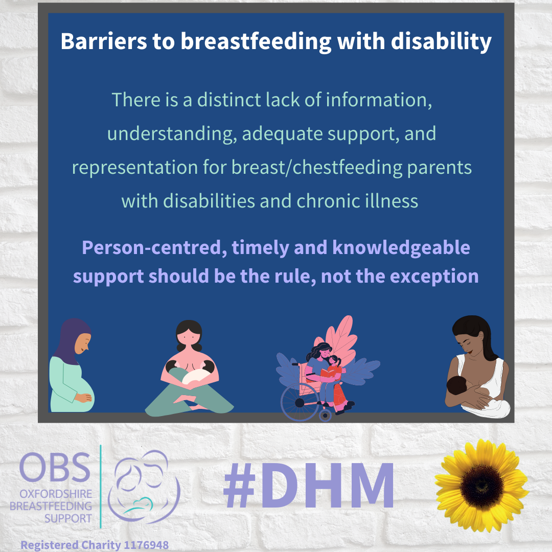 There is a distinct lack of information, understanding, adequate support, and representation for breast/chestfeeding parents with disabilities and chronic illness. Person-centred, timely and knowledgeable support should be the rule, not the exception