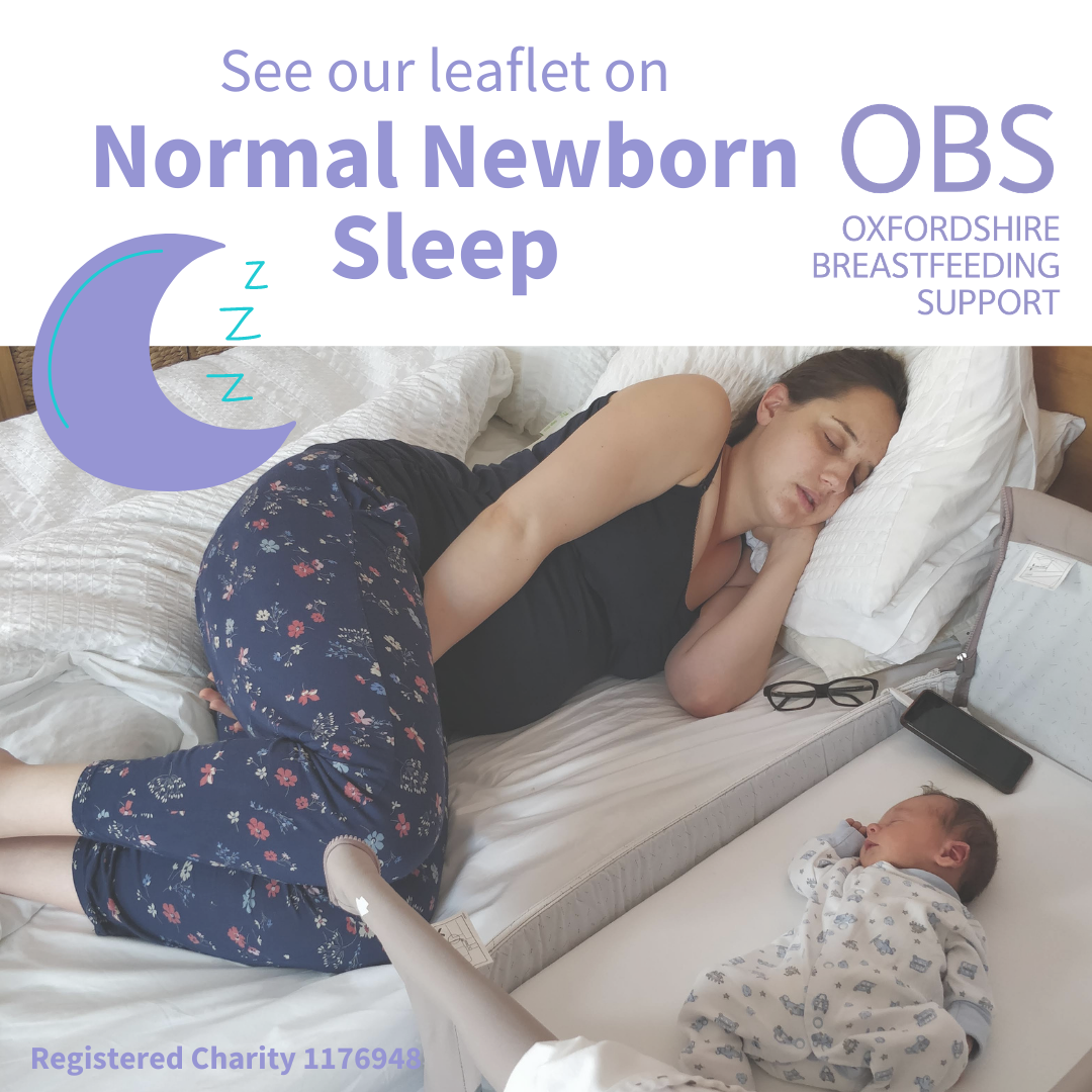 Image: a mother sleeping on a bed next to her newborn in side sleeper cot. Text: See our leaflet on normal newborn sleep