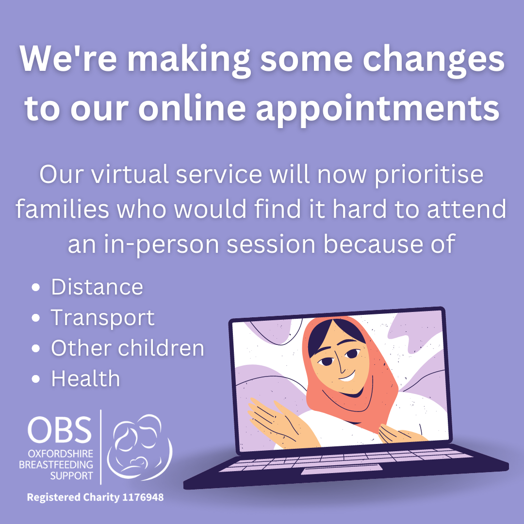 A woman smiling and waving on a laptop screen. Text: We're making some changes to our online appointments. Our virtual service will now prioritise families who would find it hard to attend an in-person session because of: distance, transport, other children, health