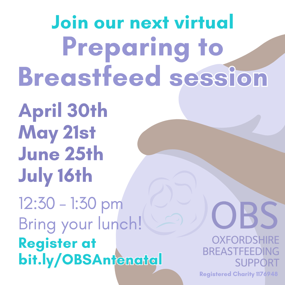 Image: a cartoon pregnant body cradling its belly. Text: Join our next virtual Preparing to Breastfeed session. April 30th, May 21st, June 25th, July 16th. 12:30-1:30 pm. Bring your lunch!