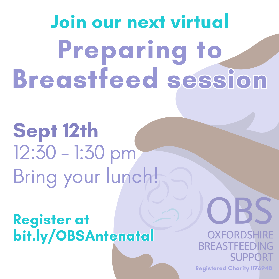 Image: a cartoon pregnant body cradling its belly. Text: Join our next virtual Preparing to Breastfeed session. Sept 12th, 12:30-1:30 pm. Bring your lunch!