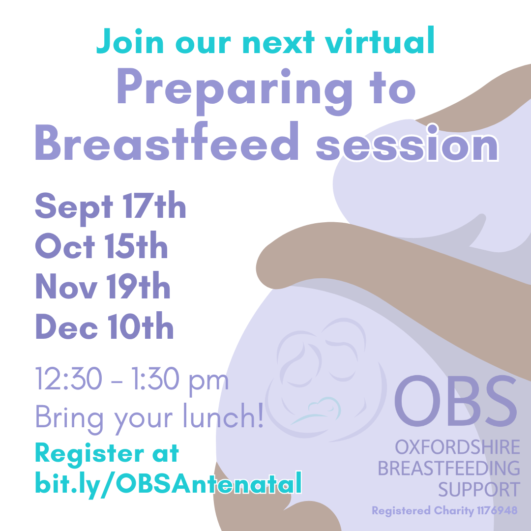 Image: a cartoon pregnant body cradling its belly. Text: Join our next virtual Preparing to Breastfeed session. September 17th, October 15th, November 19th, December 10th. 12:30-1:30 pm. Bring your lunch!