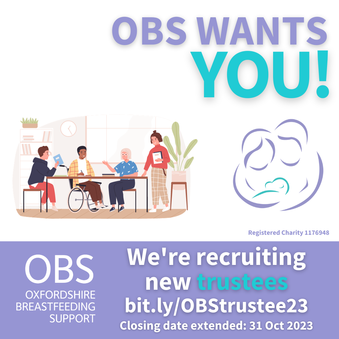Four cartoon people sitting around a table. Text: OBS Wants You! We're recruiting new trustees. Closing date 30 September 2023
