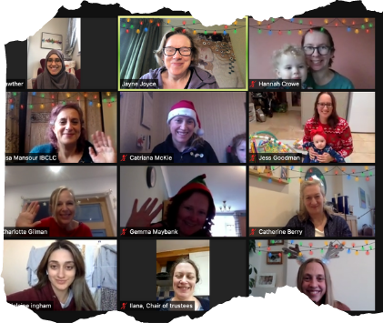 A screengrab of the 2021 festive zoom party with 3x4 tiled images of people waving