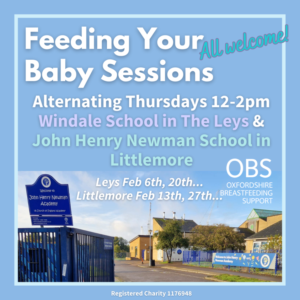 The front gate of John Henry Newman Academy. Text: Feeding Your Baby Sessions. Alternating Thursdays 12-2pm. Windale School in The Leys & John Henry Newman School in Littlemore. Leys Feb 6th, 20th... Littlemore Feb 13th, 27th...