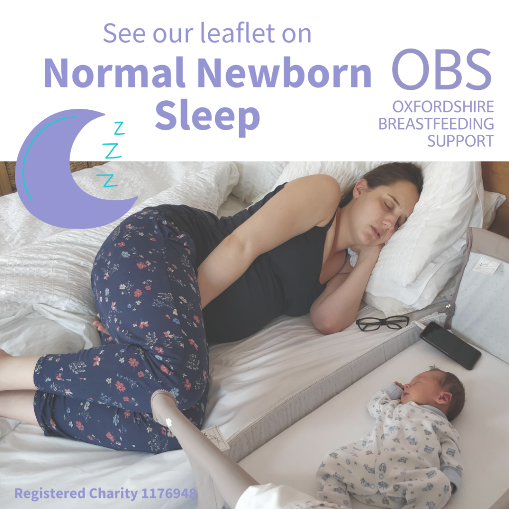 A a mother sleeping on a bed next to her newborn in side sleeper cot. Text: See our leaflet on normal newborn sleep