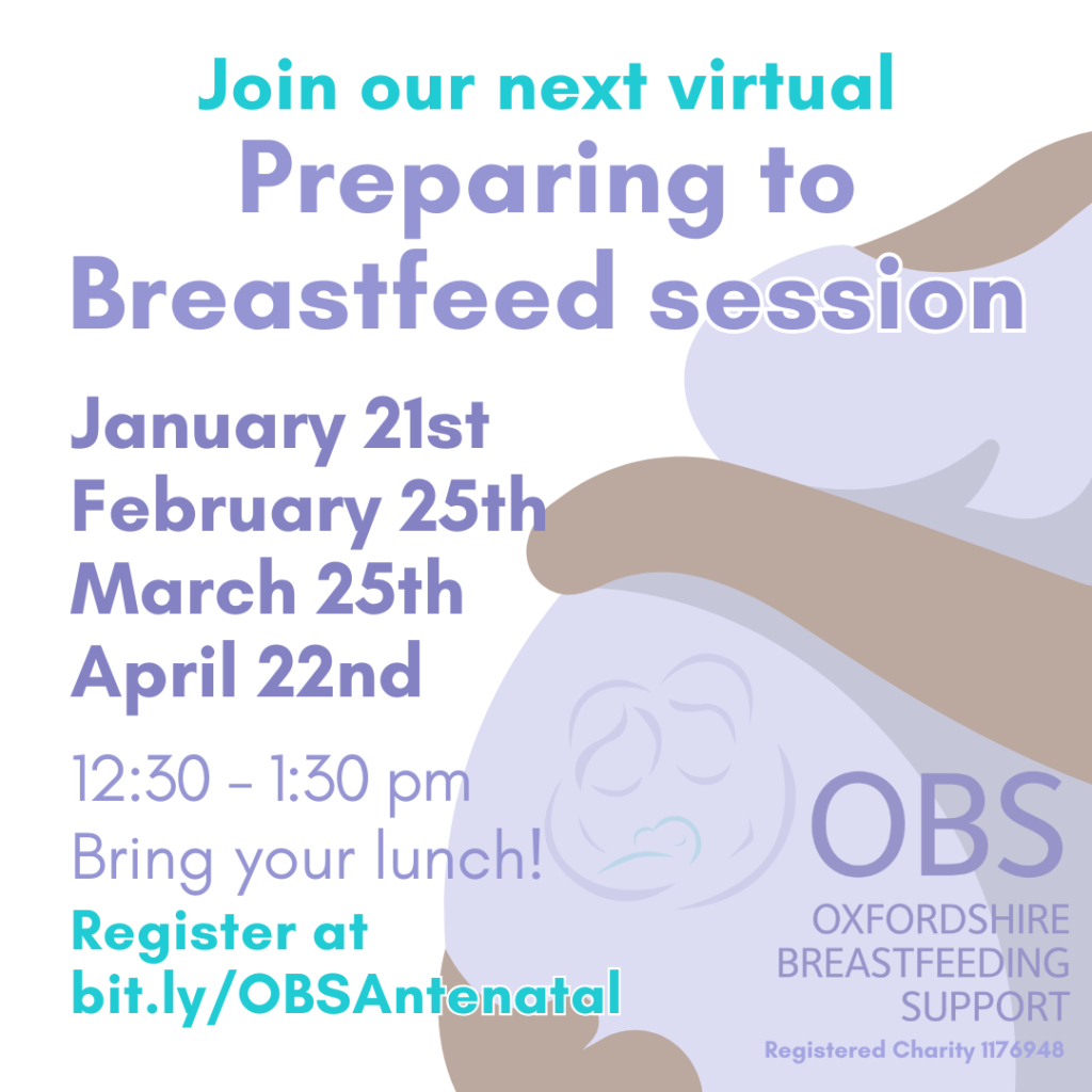 A cartoon pregnant body cradling its belly. Text: Join our next virtual Preparing to Breastfeed session. January 21st, February 25th, March 25th, April 22nd, 12:30-1:30 pm. Bring your lunch!