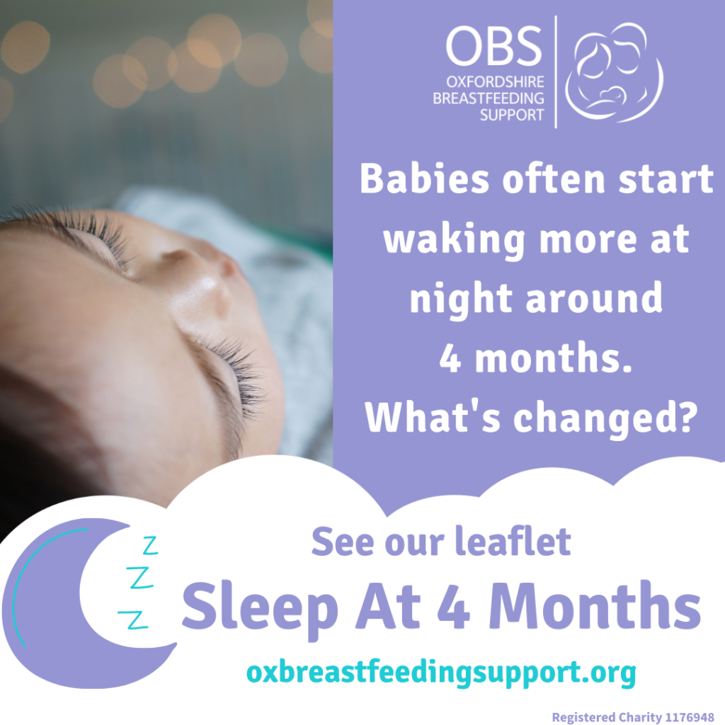 A baby sleeping on its back. Text: Babies often start waking more at night around 4 mos. What's changed? See our leaflet Slelep At 4 Months