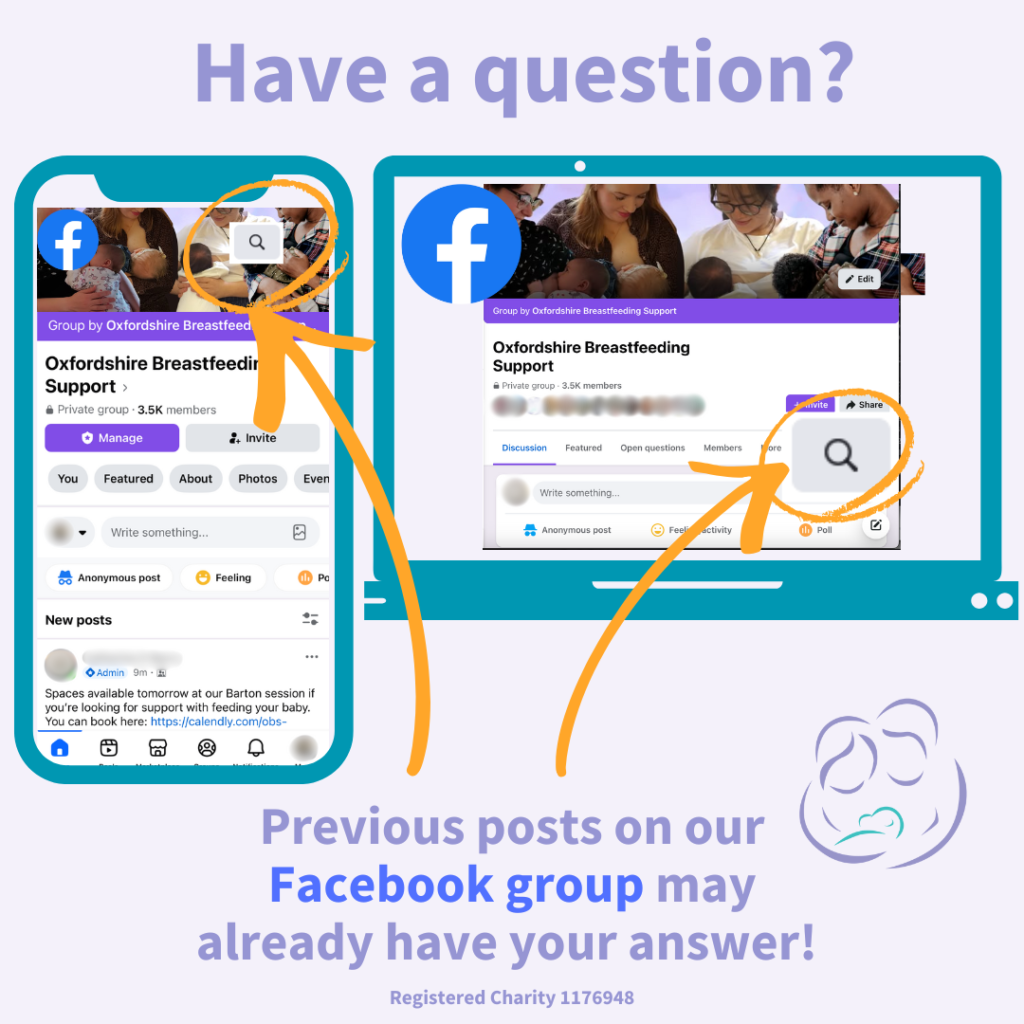 Cartoon mobile phone and laptop with screenshots of the OBS Facebook group header and menu bars showing where to click to search. Text: Have a question? Previous posts on our Facebook group may already have your answer!