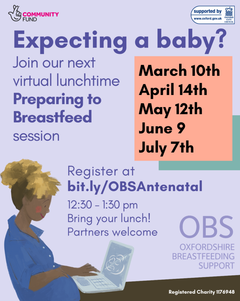 A cartoon pregnant woman sitting at her laptop. Text: Expecting a baby? Join our next virtual lunchtime Preparing to Breastfeed session. March 10th, April 14th, May 12th, June 9th, July 7th, 12:30 - 1:30 pm. Bring your lunch. Partners welcome.