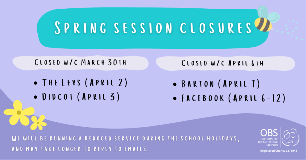A cartoon bee and yellow flowers on a purple background. Text: Spring Session Closures. Closed week commencing March 30th - The Leys April 2, Didcot April 3. Closed week commencing April 6th - Barton April 7, Facebook April 6-12