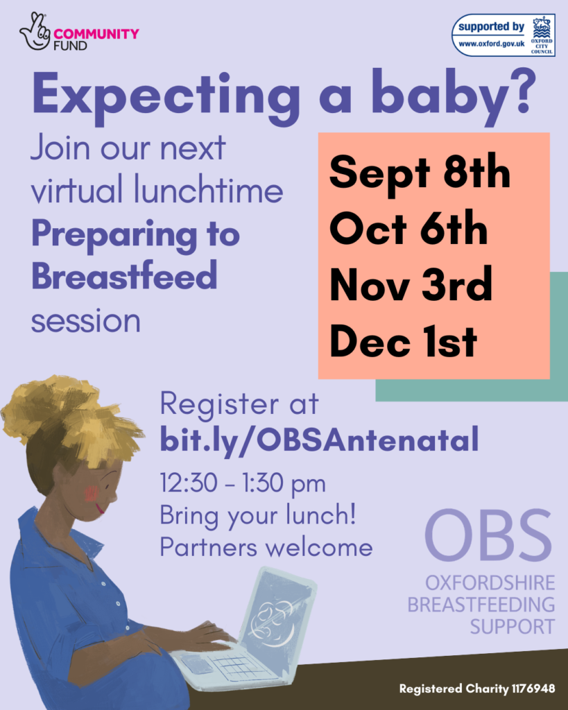 A cartoon pregnant woman sitting at her laptop. Text: Expecting a baby? Join our next virtual lunchtime Preparing to Breastfeed session. September 8th, October 6th, November 3rd, December 1st,, 12:30 - 1:30 pm. Bring your lunch. Partners welcome.